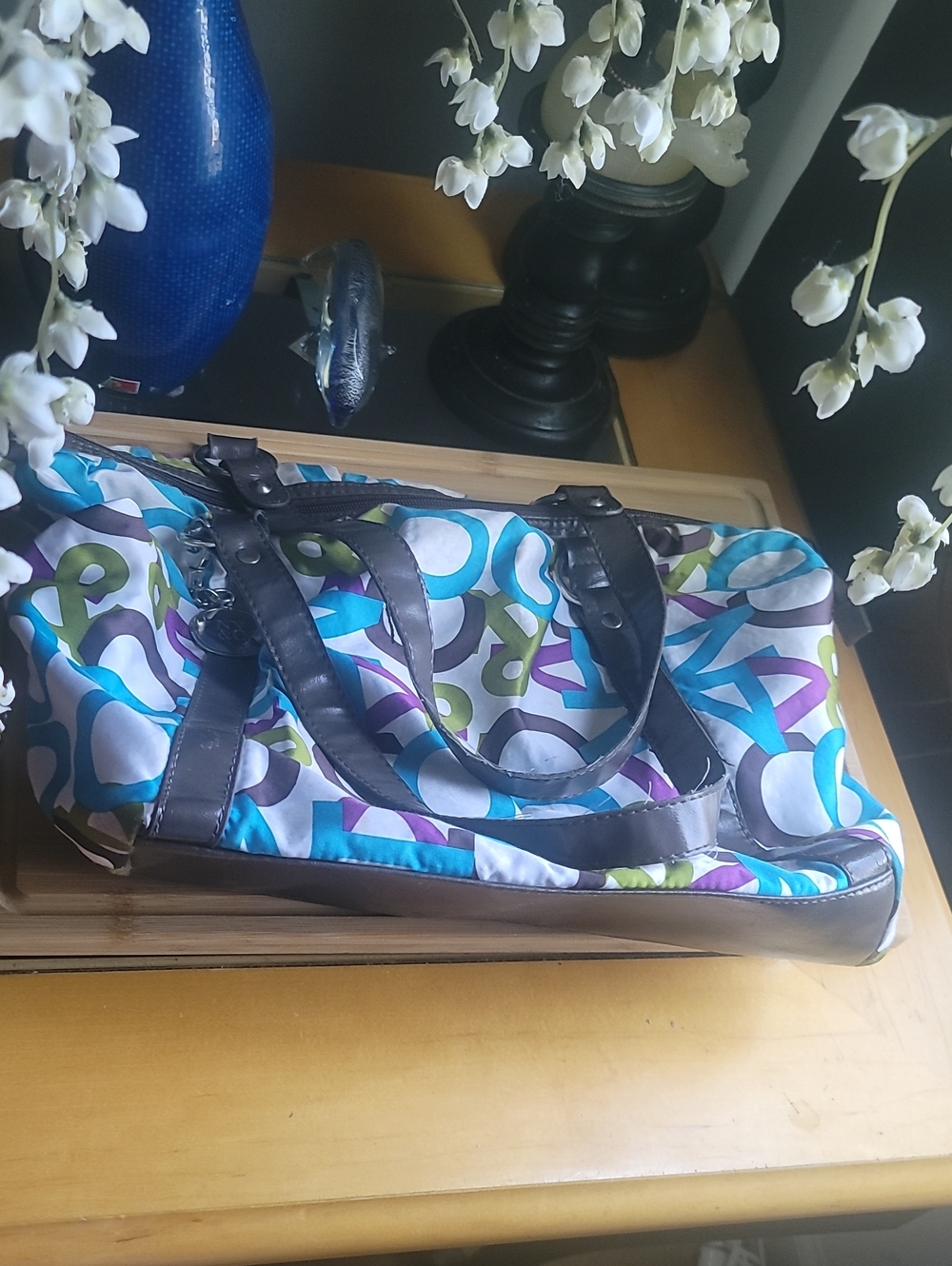 NY & Company Patterned Multicolor Tote Bag with Dark Trim